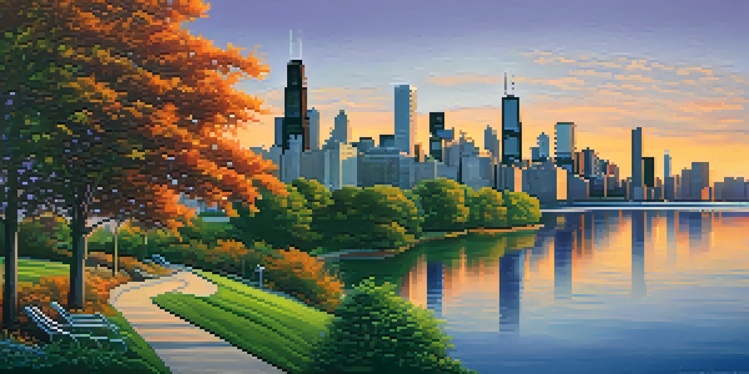 A panoramic view of Chicago's skyline at sunset, with a mix of historic and modern buildings and colorful reflections in the lake.