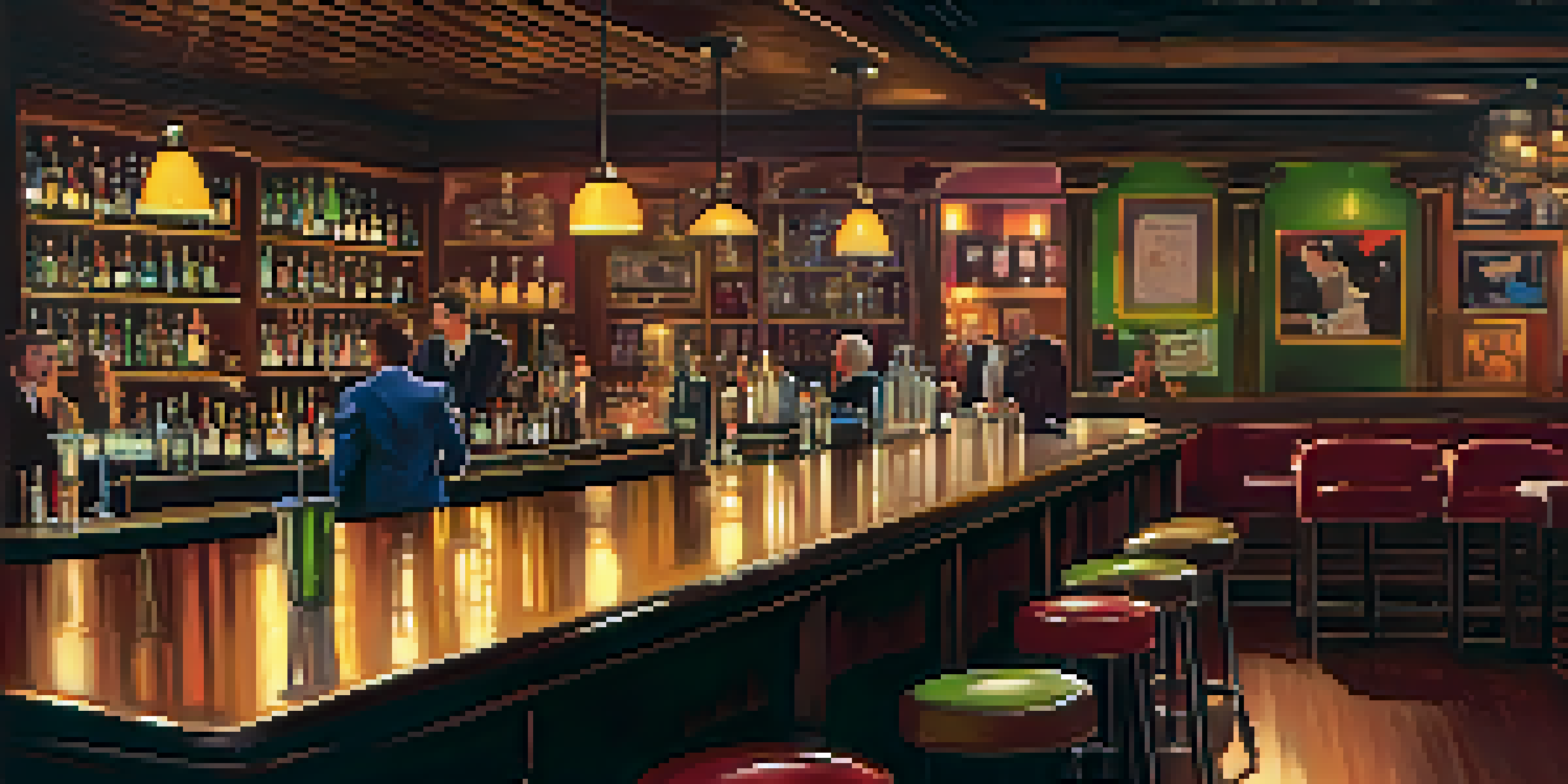 A warm and inviting speakeasy with vintage decor, plush seating, and colorful cocktails on the bar, with jazz musicians in the background.