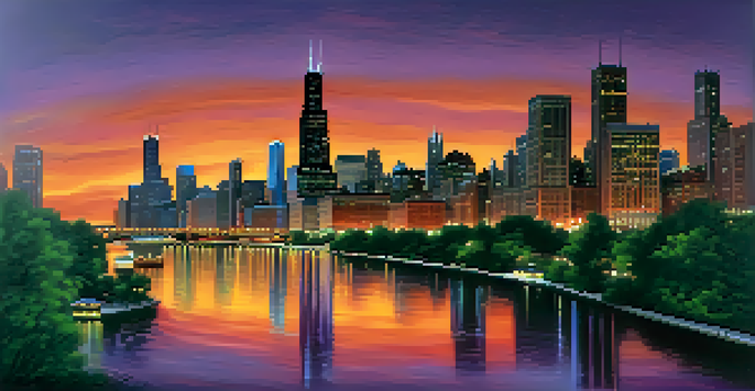 A sunset panorama of the Chicago skyline with a couple walking along the riverwalk.