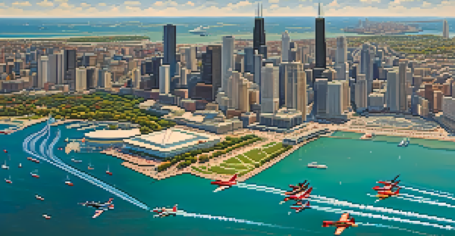 Aerial view of jets performing during the Chicago Air and Water Show with a bustling lakefront below.