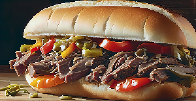 A close-up view of an Italian beef sandwich with layers of beef, giardiniera, and roasted peppers, served with fries on a wooden board.