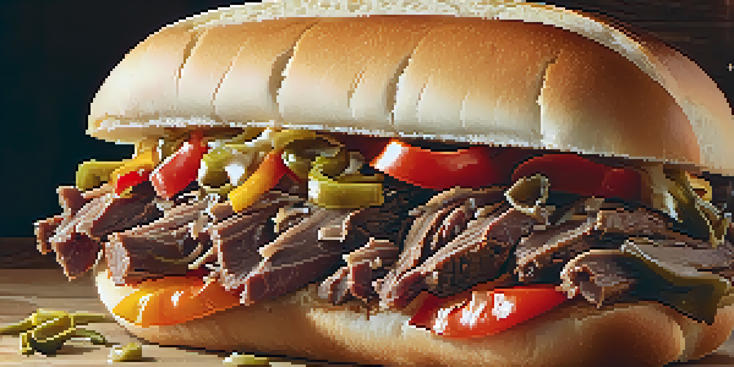 A close-up view of an Italian beef sandwich with layers of beef, giardiniera, and roasted peppers, served with fries on a wooden board.