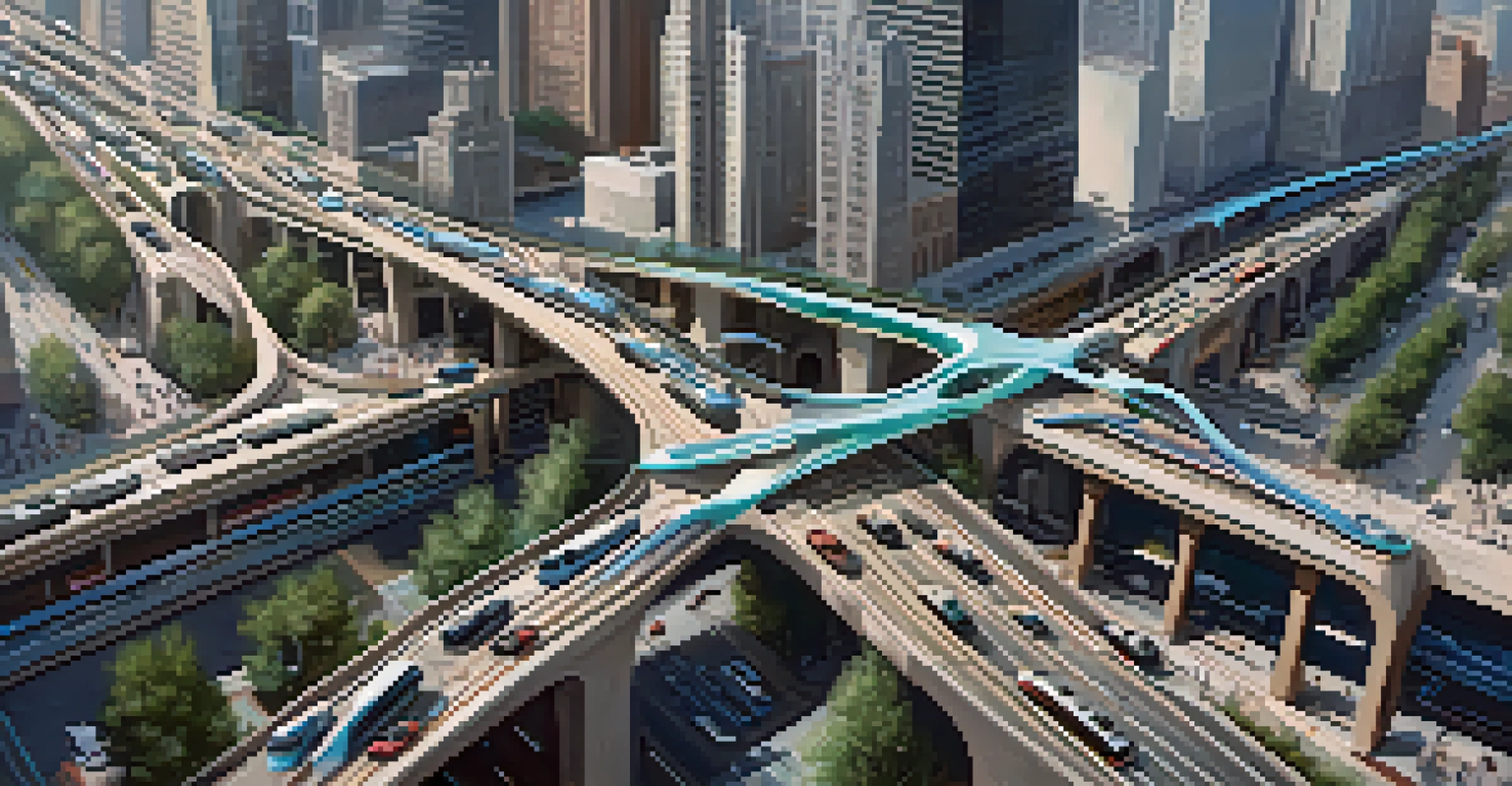 Aerial view of a modern Chicago transit system with autonomous vehicles and smart infrastructure.