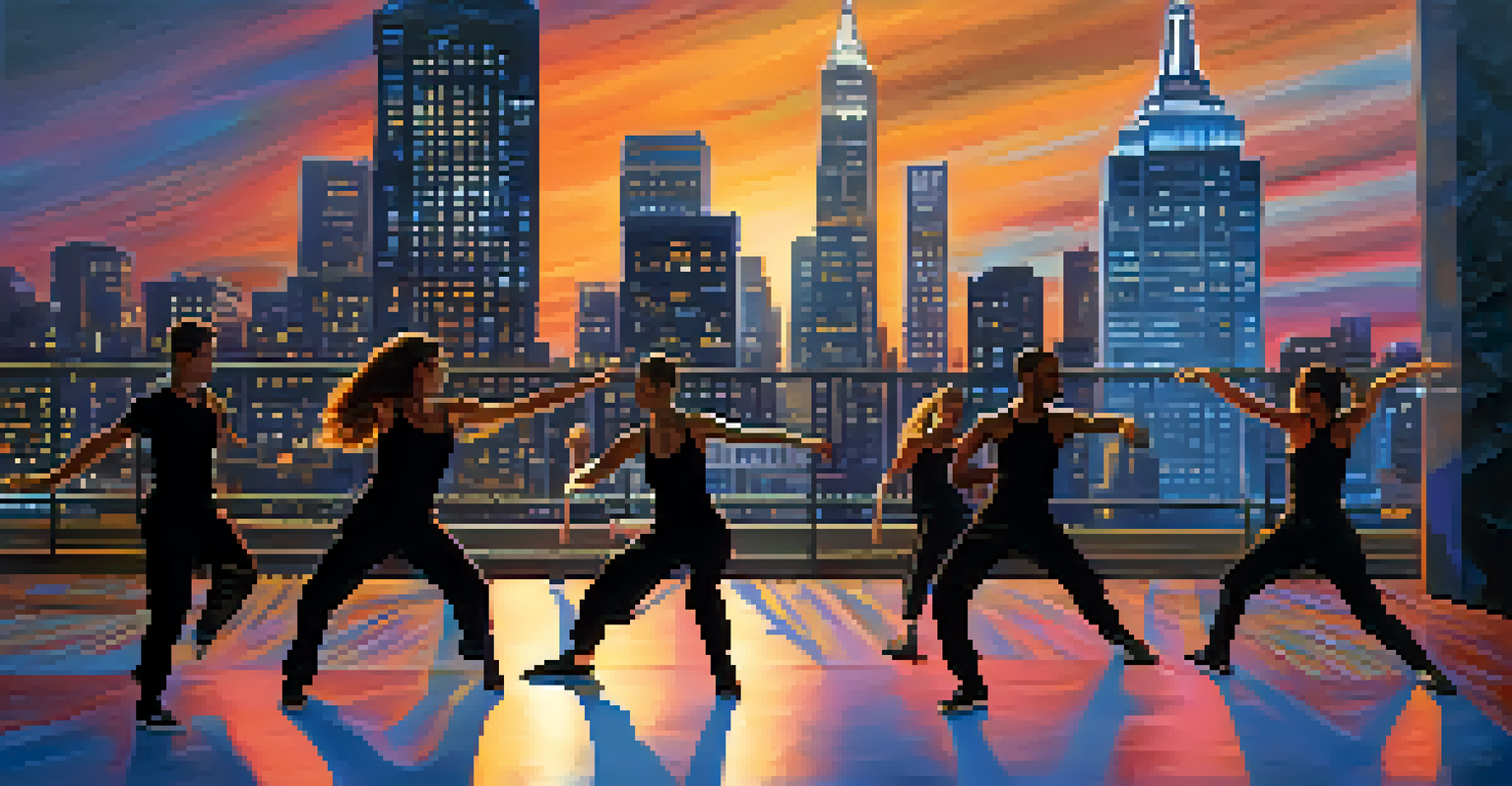 A contemporary dance performance in an urban setting with dancers interacting with digital projections against a city skyline at dusk.