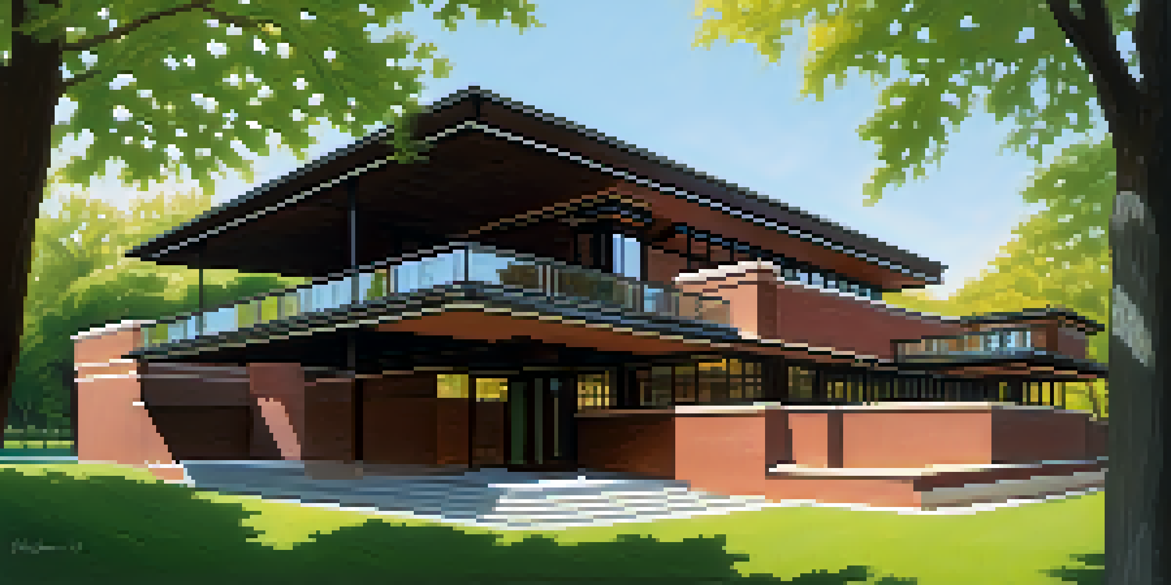 A detailed view of the Robie House, highlighting its architectural features and surrounding natural landscape.