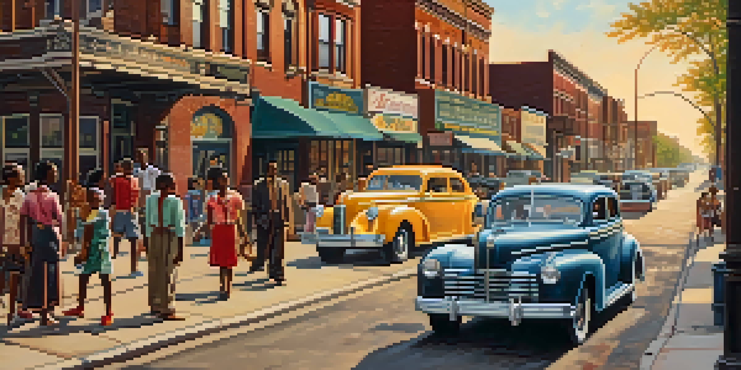 A historical street scene in Bronzeville, Chicago, filled with people and warm sunlight, depicting daily life in the 1940s.