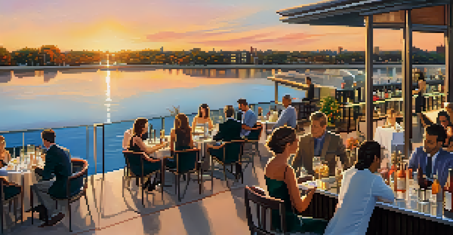 A rooftop bar with stunning views of Lincoln Park and Lake Michigan during sunset, with guests enjoying cocktails.