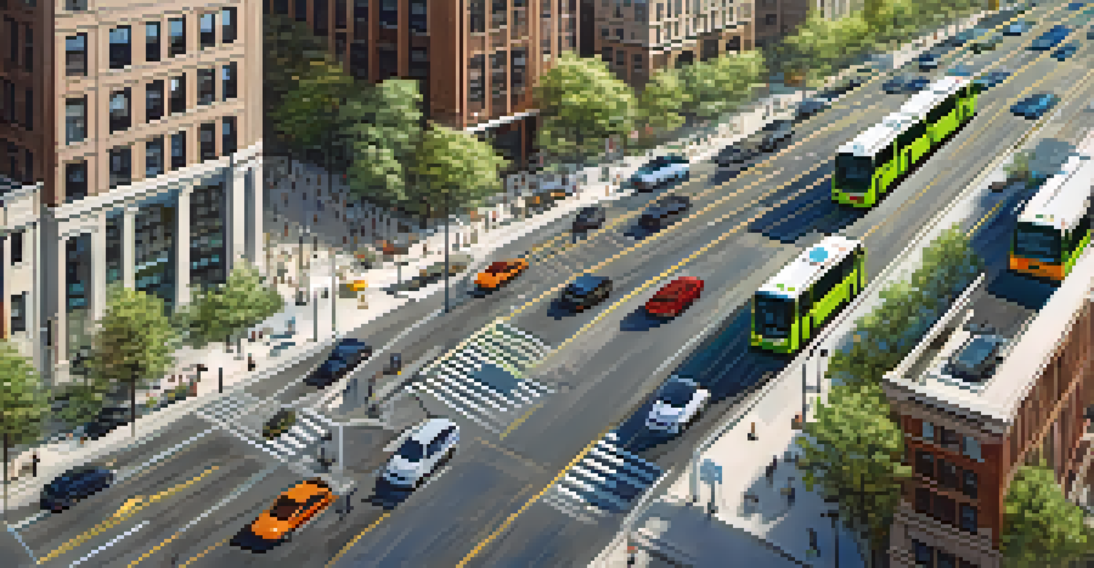 An aerial view of Chicago streets with smooth traffic flow, solar-powered bus stops, and green spaces.
