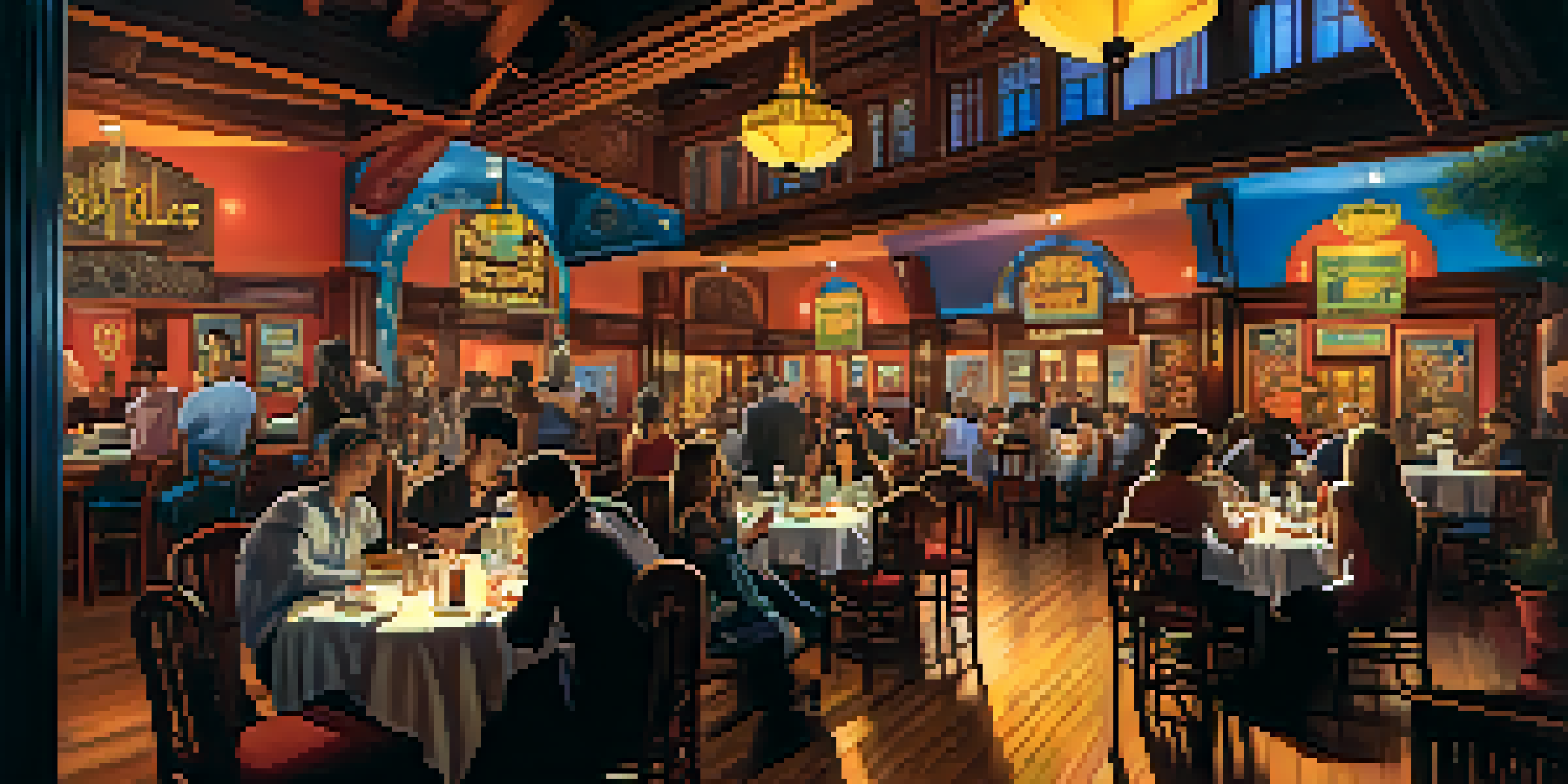 Interior view of the House of Blues in Chicago, featuring artwork and a lively atmosphere with diners and musicians.