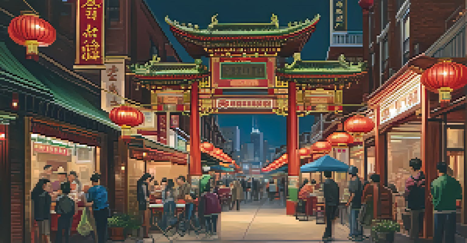 A nighttime view of Chinatown with an illuminated entrance gate, busy food markets, and lanterns, capturing the lively atmosphere.
