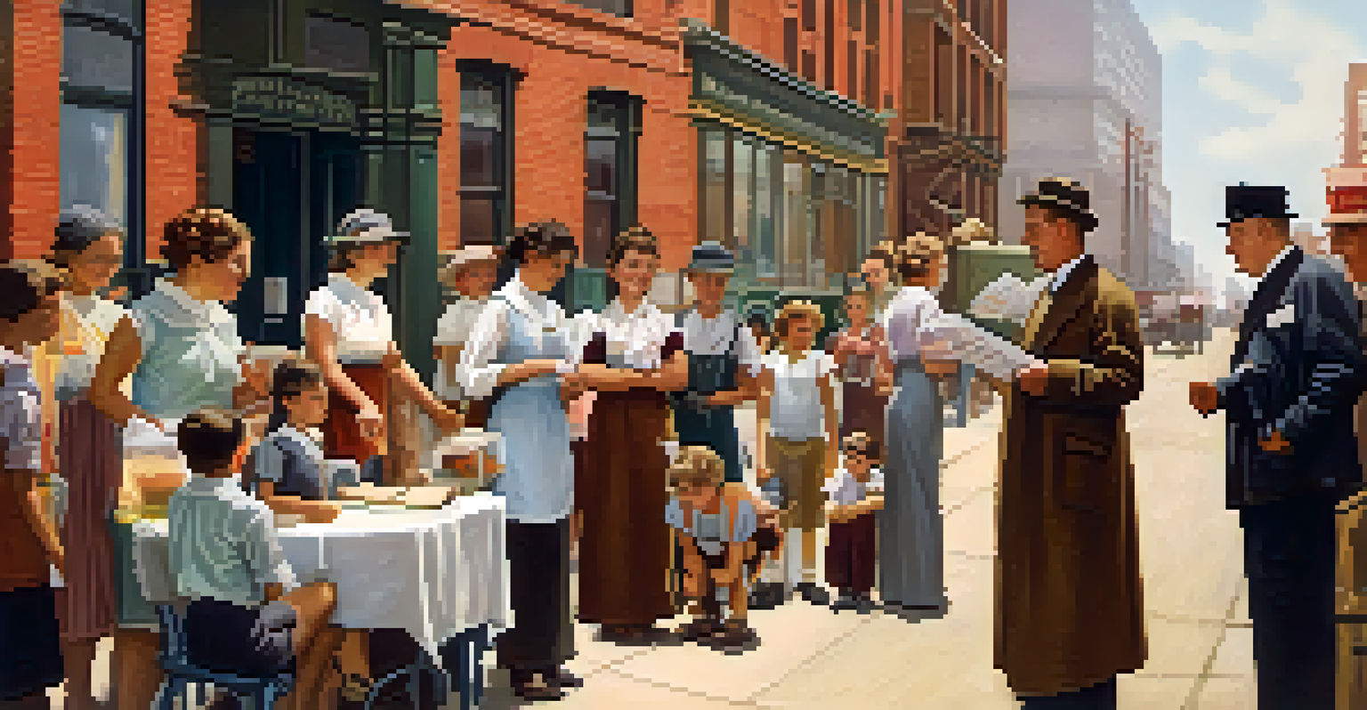 A historical public health campaign in early 20th century Chicago, showing officials educating families about hygiene and health.