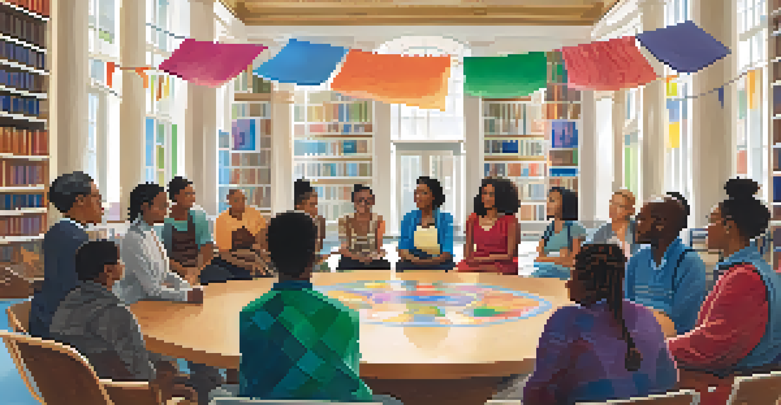 A group of people of diverse backgrounds participating in a community event at a library, surrounded by colorful decorations.