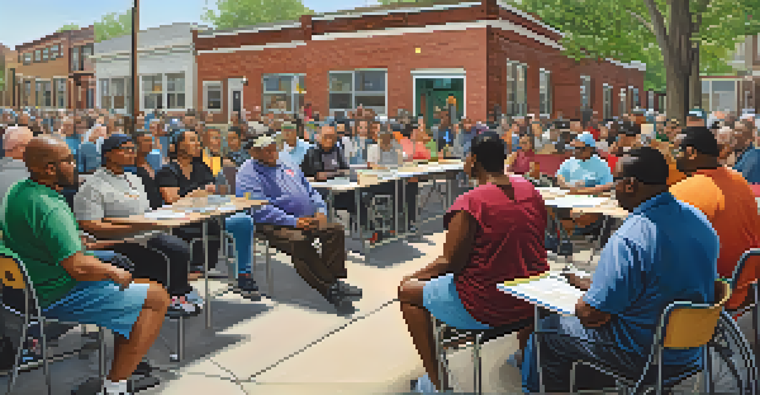 A community meeting in a Chicago neighborhood with diverse residents discussing public transport accessibility, surrounded by tables and feedback materials.