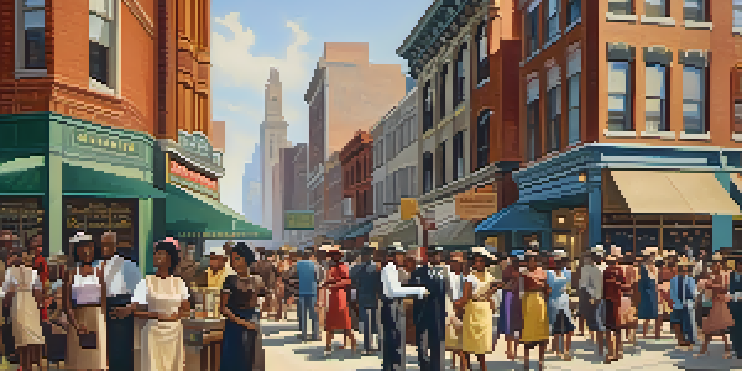 A historical street scene in Chicago from the 1920s, depicting African American families engaged in daily life, with musicians playing jazz and colorful storefronts showcasing Southern cuisine.