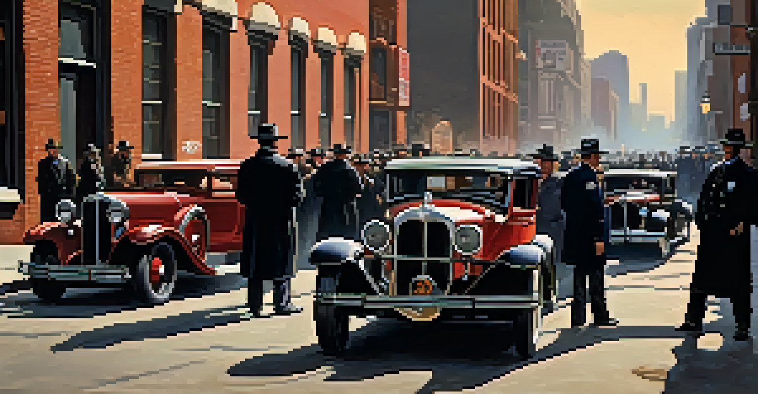 A reenactment of the St. Valentine's Day Massacre in 1920s Chicago, featuring men in suits and police at a crime scene.