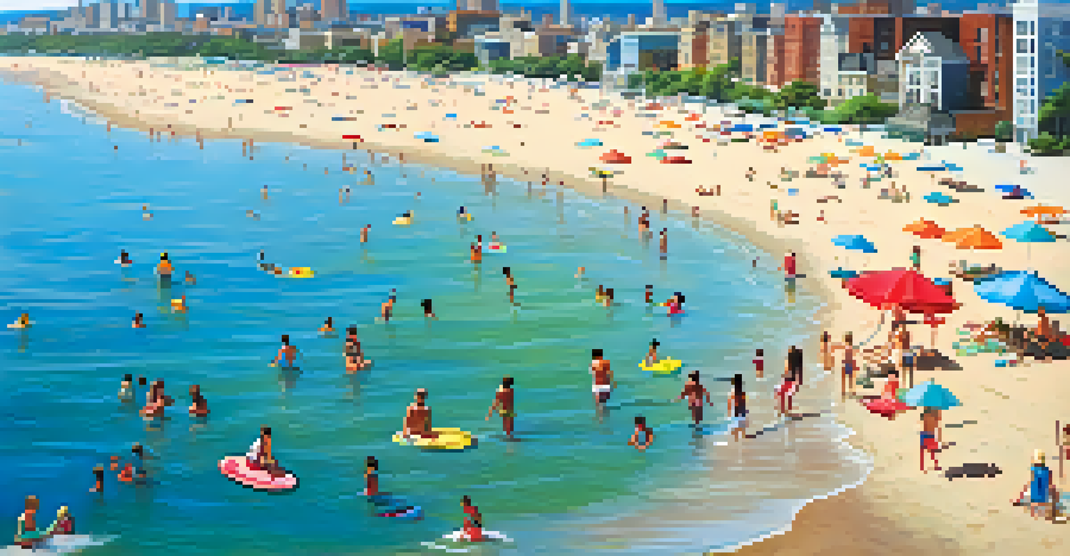 An aerial view of a busy beach with families and colorful umbrellas, with the city skyline in the background.