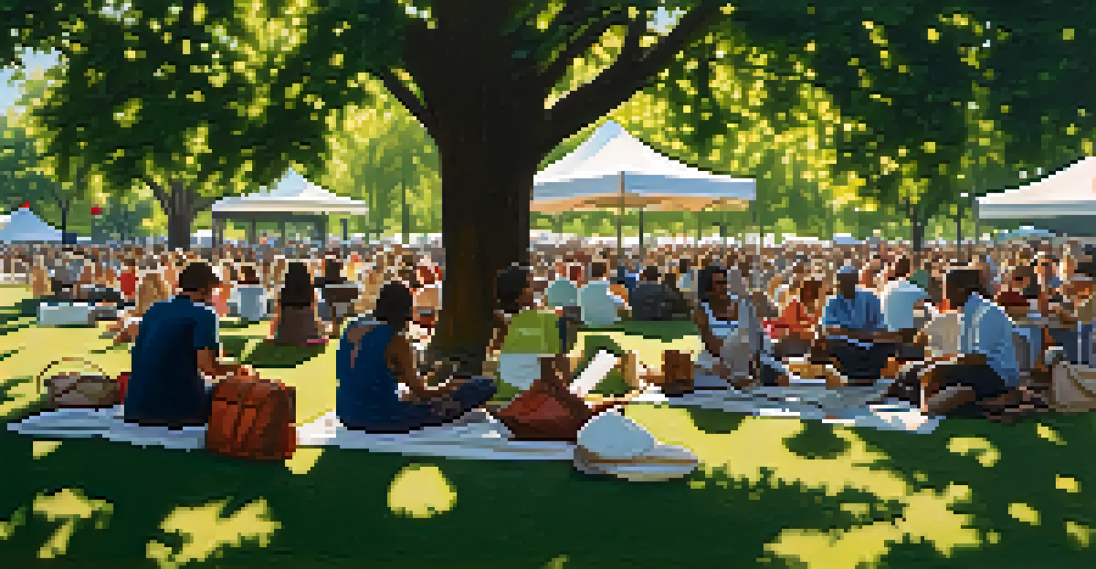 A tranquil outdoor jazz festival scene with musicians performing, an audience relaxing on blankets, and trees providing shade.