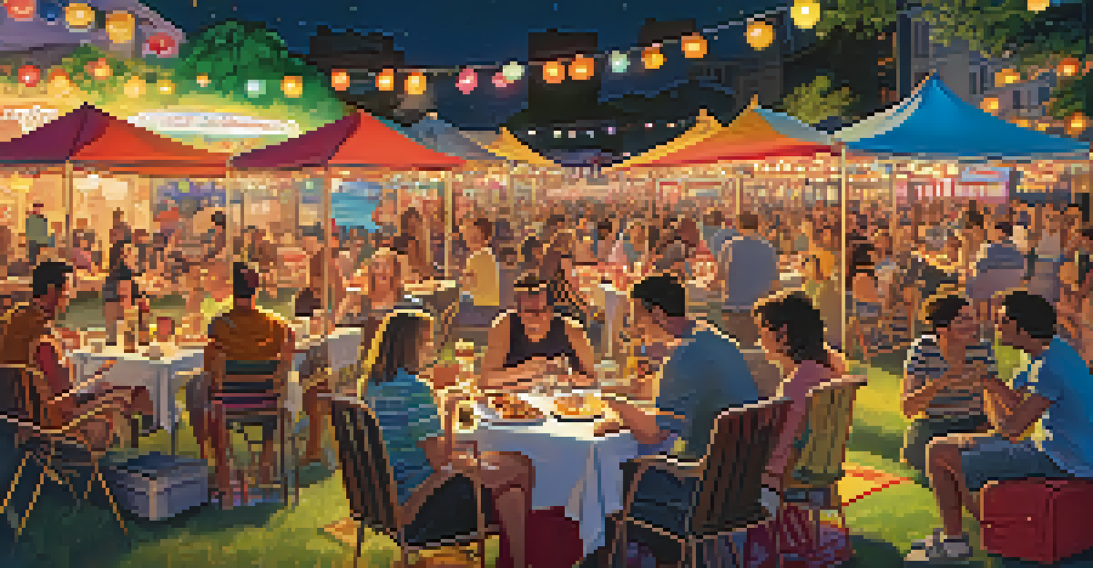 An outdoor comedy festival scene with a stage, food stalls, and groups of friends enjoying laughter and food on picnic blankets.