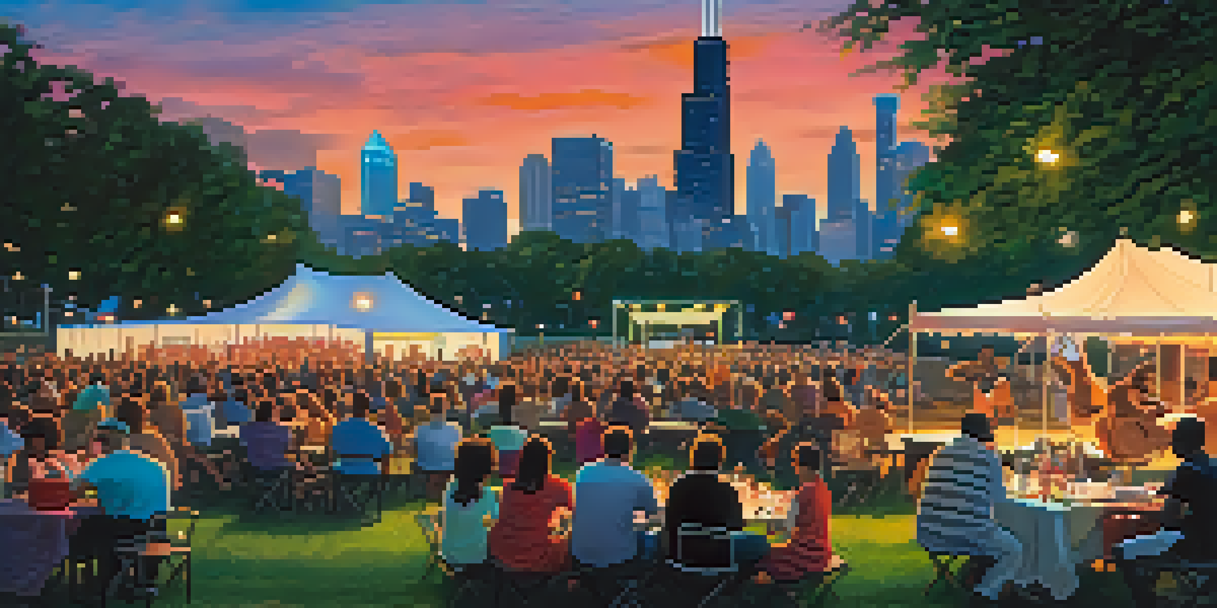A lively outdoor festival scene at sunset featuring a jazz band performing on stage, with a diverse audience enjoying the music in Grant Park, Chicago.