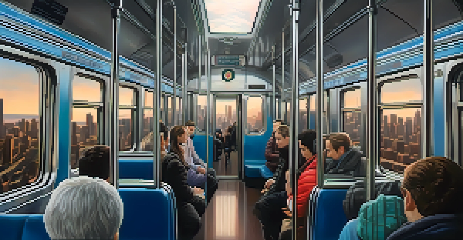 Inside a Chicago train with passengers enjoying the ride and views of the city skyline through large windows.