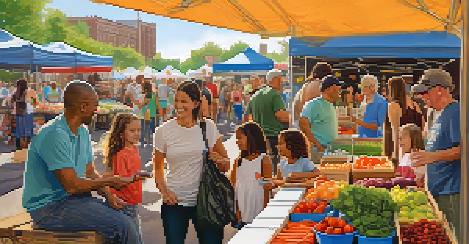 Families enjoying activities at a Chicago farmers market, with children getting face painted and a musician playing in the background.