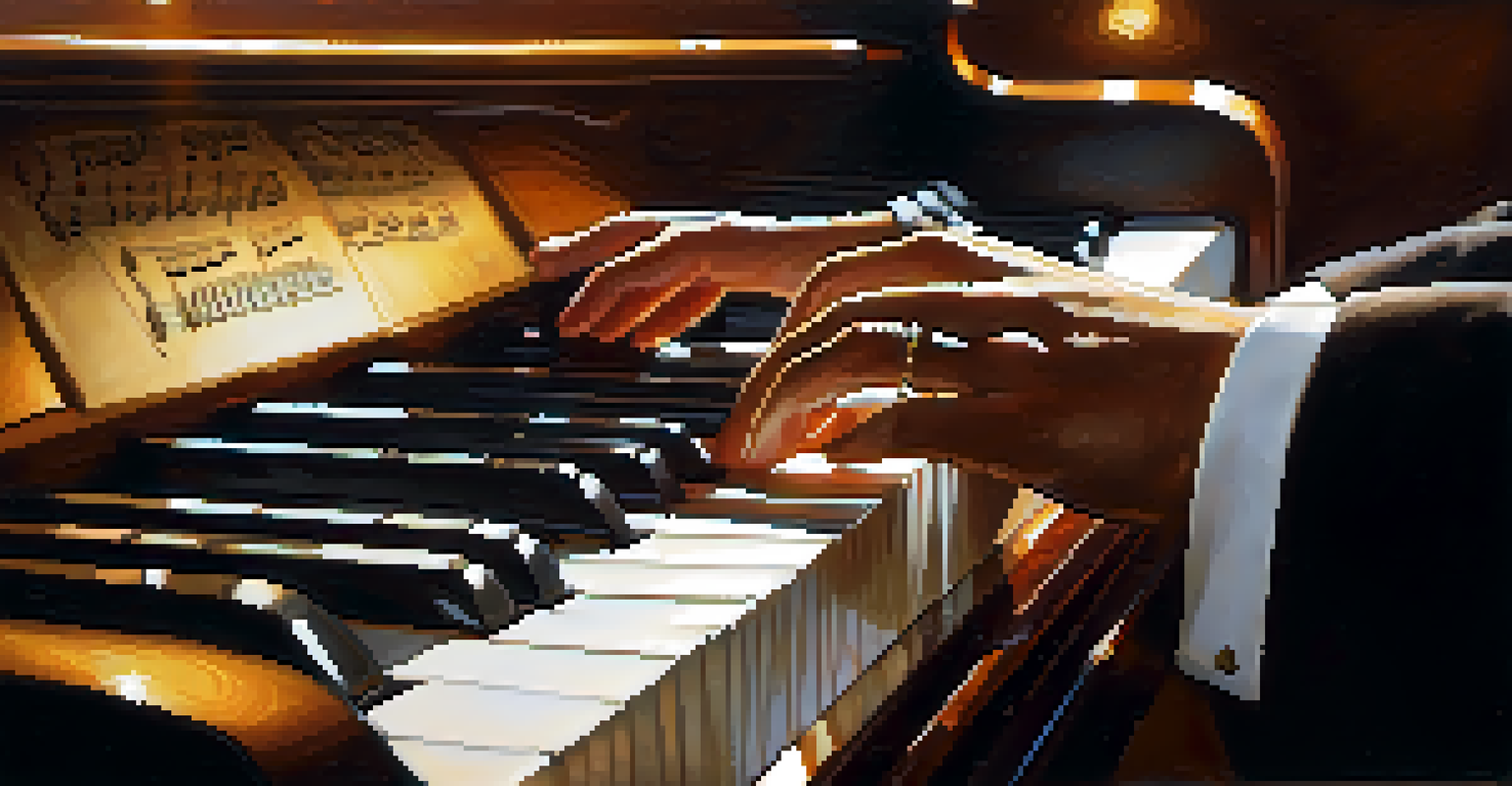 Close-up of a jazz musician's hands playing the piano, with sheet music and a microphone, illuminated by warm stage lights.