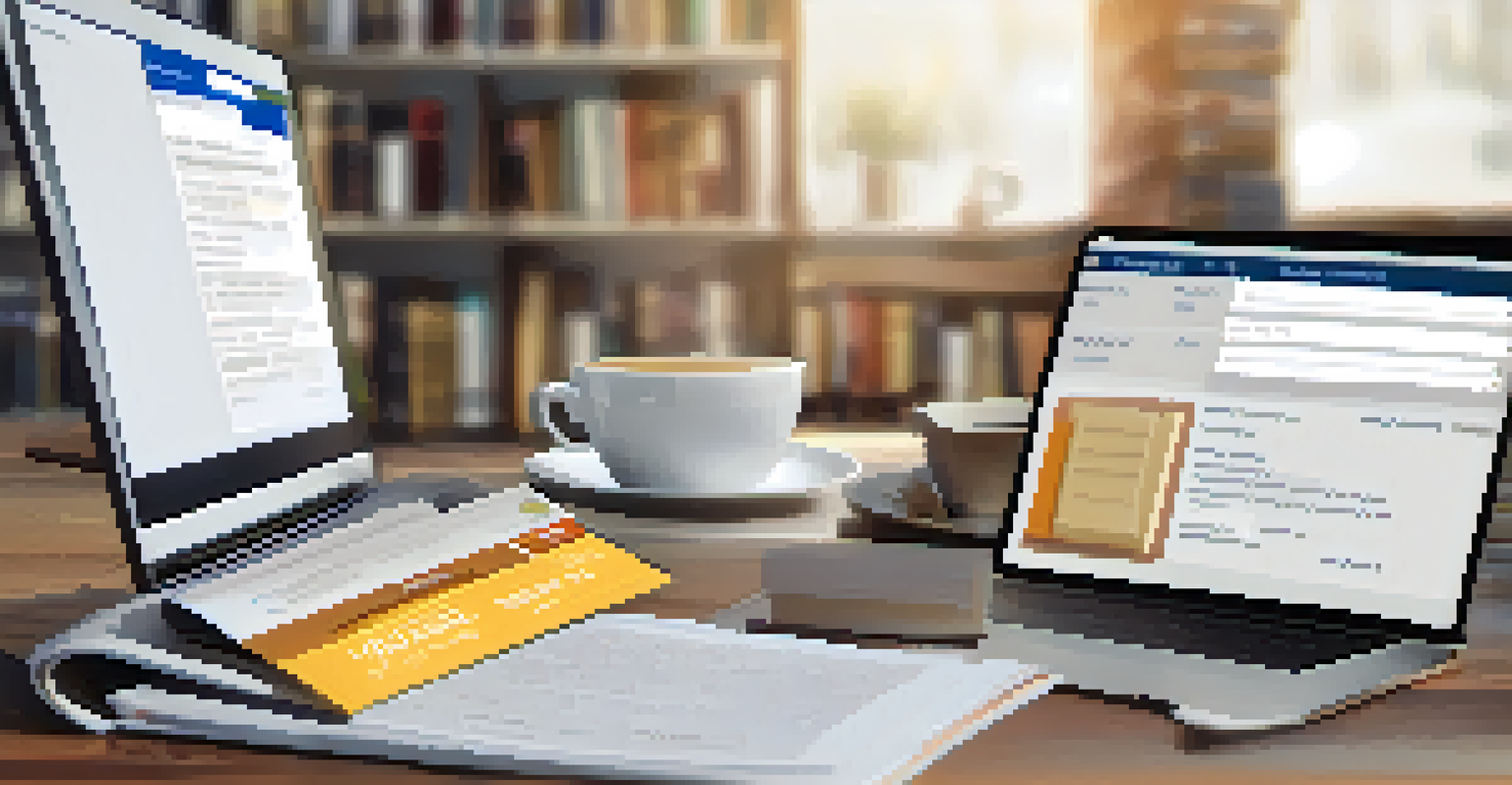 Hands typing on a laptop while filling out a library card application, with a coffee cup and books in the background.