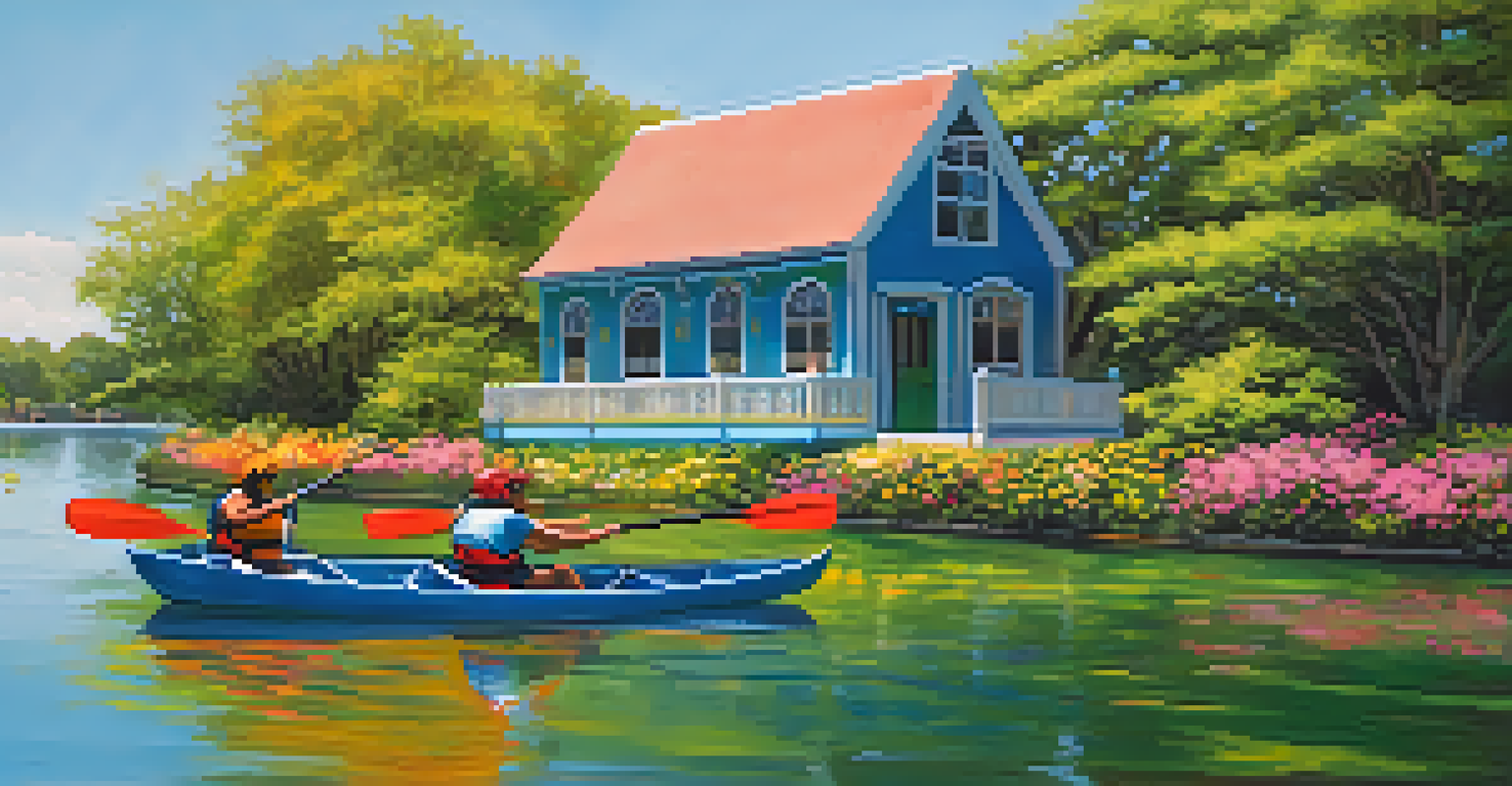 A picturesque scene of the Puerto Rican Boathouse in Humboldt Park, with kayakers on the lagoon and vibrant flowers around.