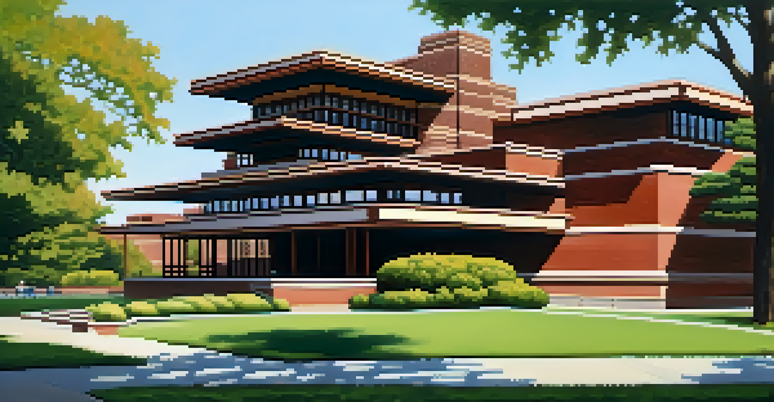 A serene view of Hyde Park with the Robie House in the foreground, surrounded by gardens and university architecture.