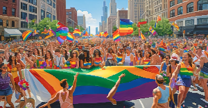 A lively scene of the Chicago Pride Parade with a colorful float, rainbow flags, and diverse participants celebrating in bright costumes under a blue sky.