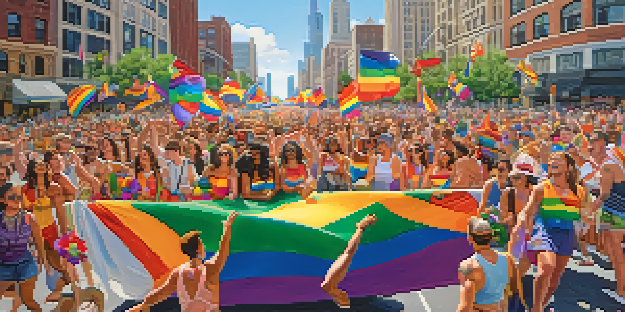 A lively scene of the Chicago Pride Parade with a colorful float, rainbow flags, and diverse participants celebrating in bright costumes under a blue sky.