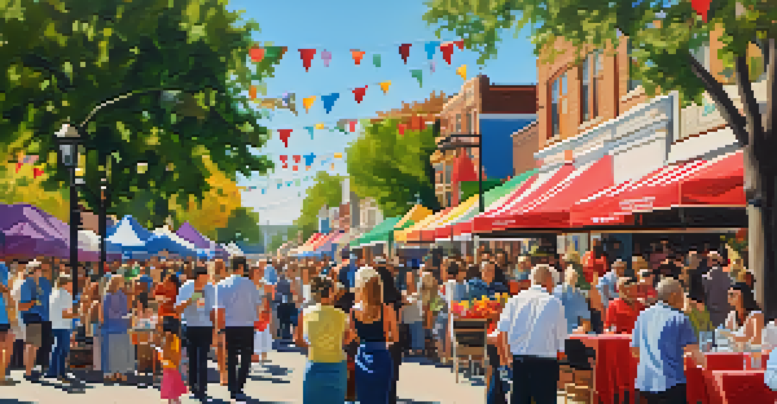 A vibrant outdoor arts event in Oak Park, with local artists displaying their artwork, attended by a diverse crowd enjoying live music and festive atmosphere under a sunny sky.