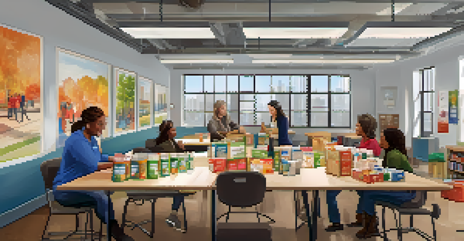Volunteers working together in a nonprofit office, preparing supplies for a food drive in a bright and welcoming environment.