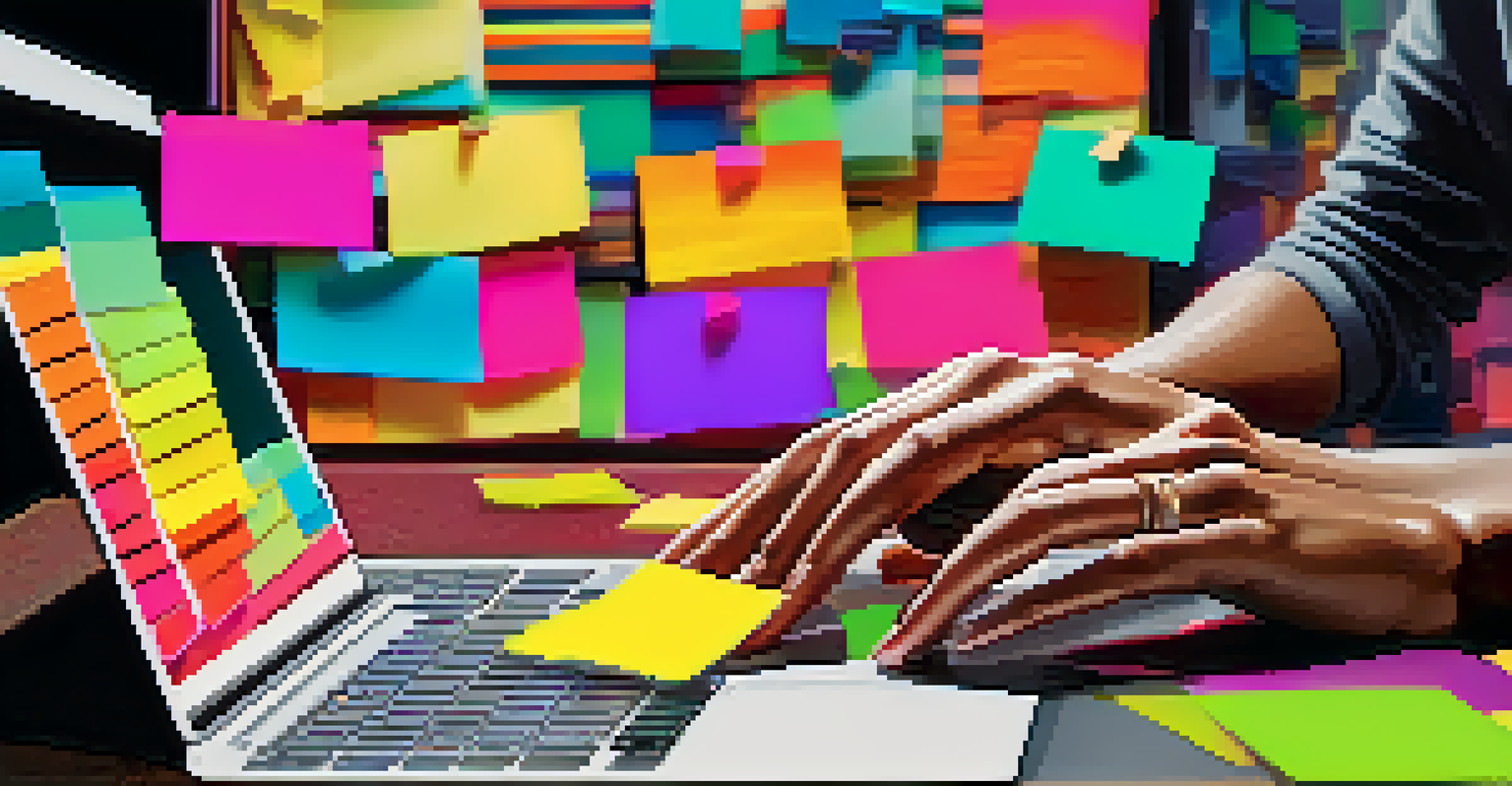Close-up of hands typing on a laptop with colorful sticky notes and a coffee cup in the background.