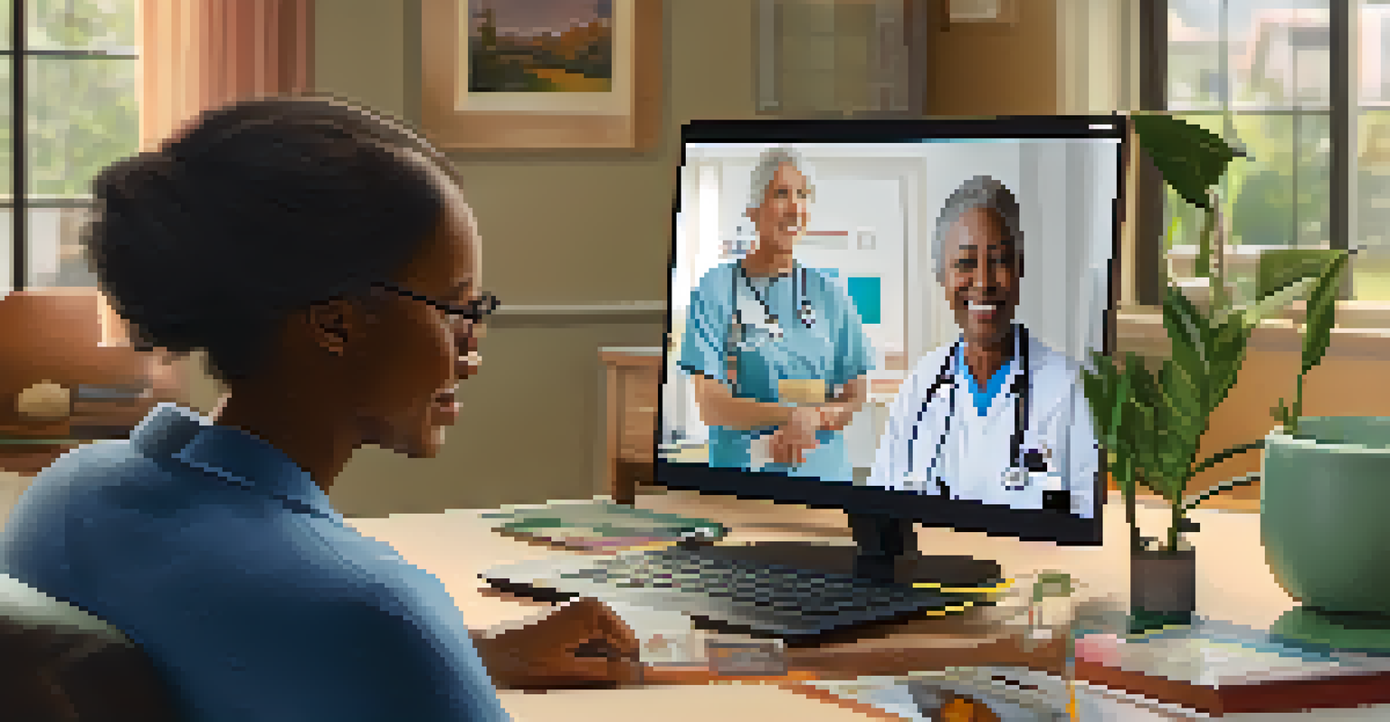 A healthcare professional interacting with a resident via telehealth, with a laptop displaying health information in a cozy room.