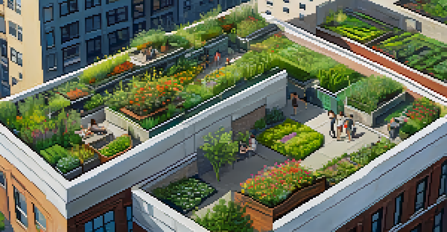 An aerial view of a green rooftop garden in Chicago, showcasing plants and seating areas against a backdrop of city buildings.