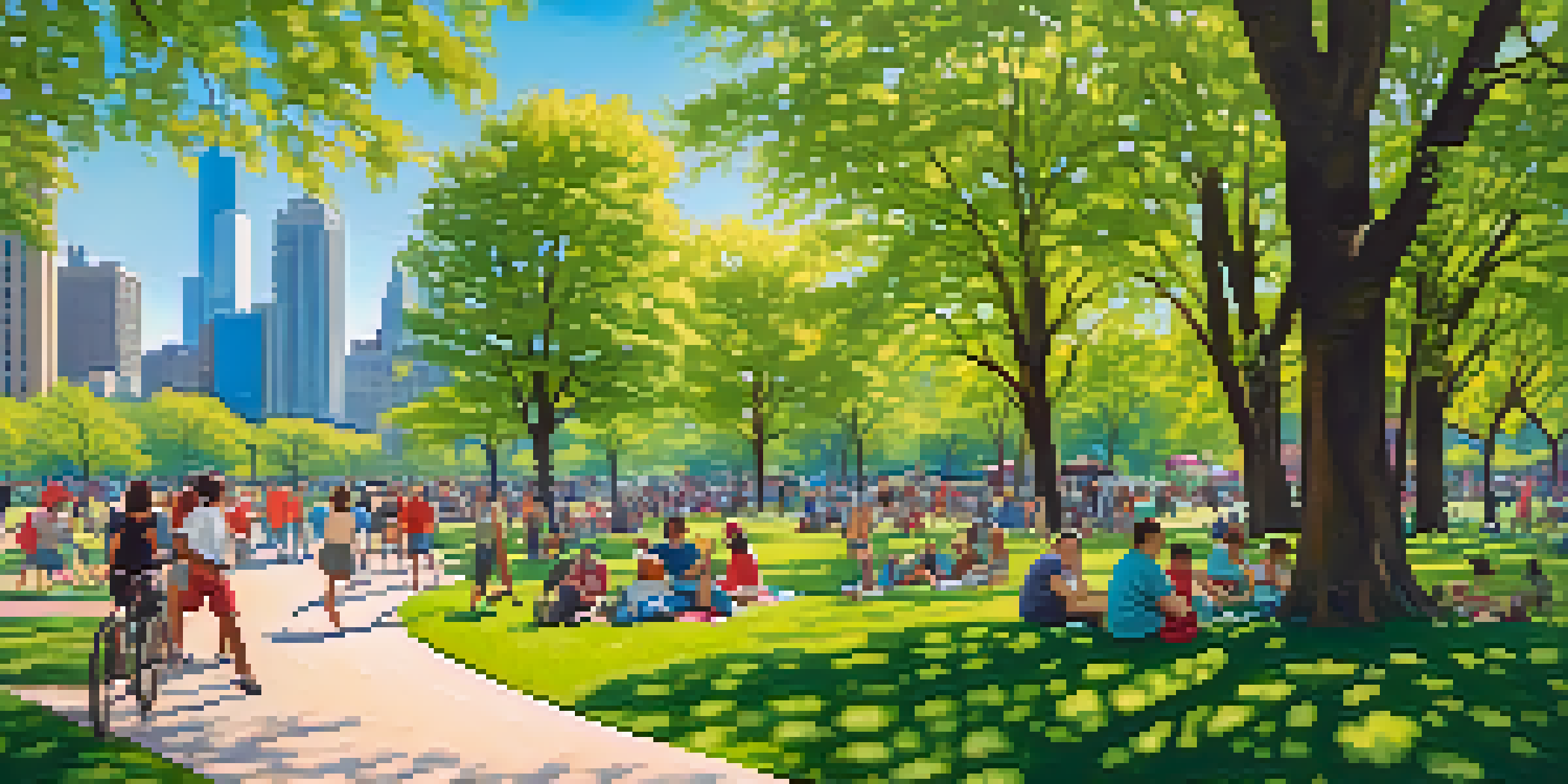 A lively urban park in Chicago with people enjoying various activities, lush trees, and the Cloud Gate sculpture in the background.