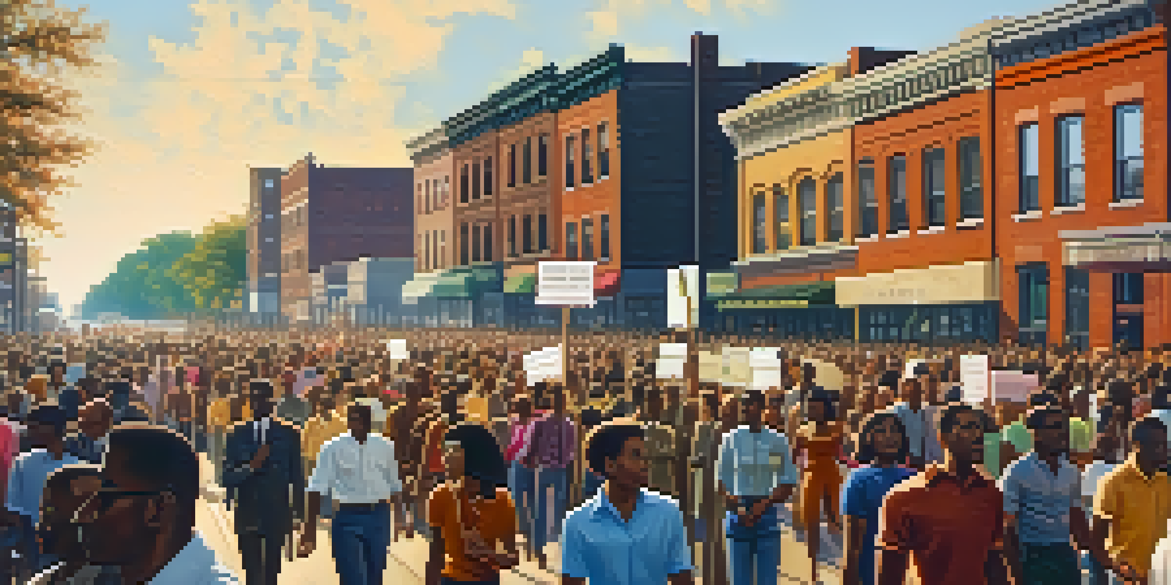 A historical street scene in Bronzeville with African American activists marching for civil rights, holding signs.