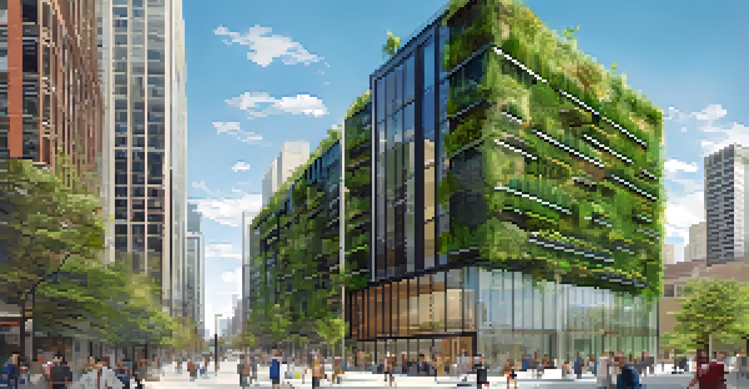 A sustainable building in Chicago with green walls and solar panels, set in a lively urban environment under a clear sky.
