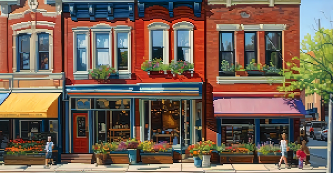 A scenic street in Andersonville featuring colorful wooden houses with flower boxes, people walking, and sunlight filtering through the trees.