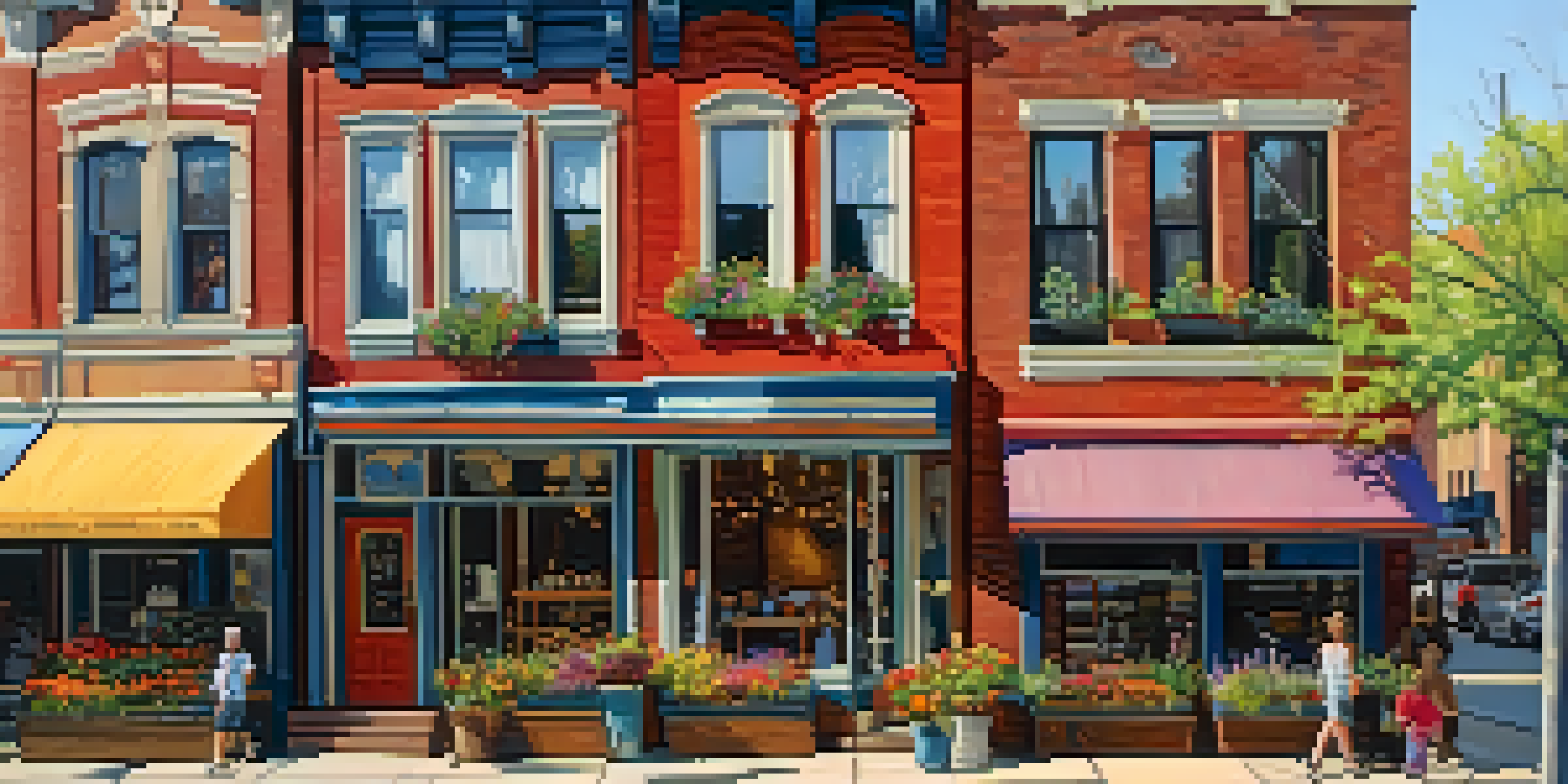 A scenic street in Andersonville featuring colorful wooden houses with flower boxes, people walking, and sunlight filtering through the trees.