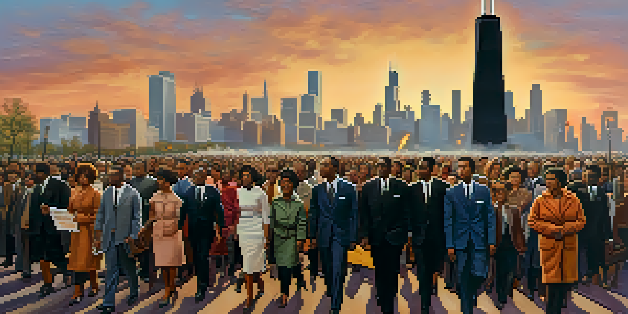 A diverse group of civil rights activists marching in Chicago, holding signs for equality against a sunset skyline.