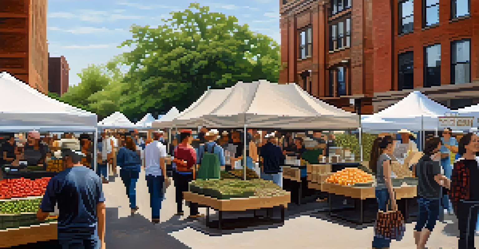 A bustling outdoor farmers market in Chicago with local coffee farmers and shoppers discussing sustainable coffee practices.