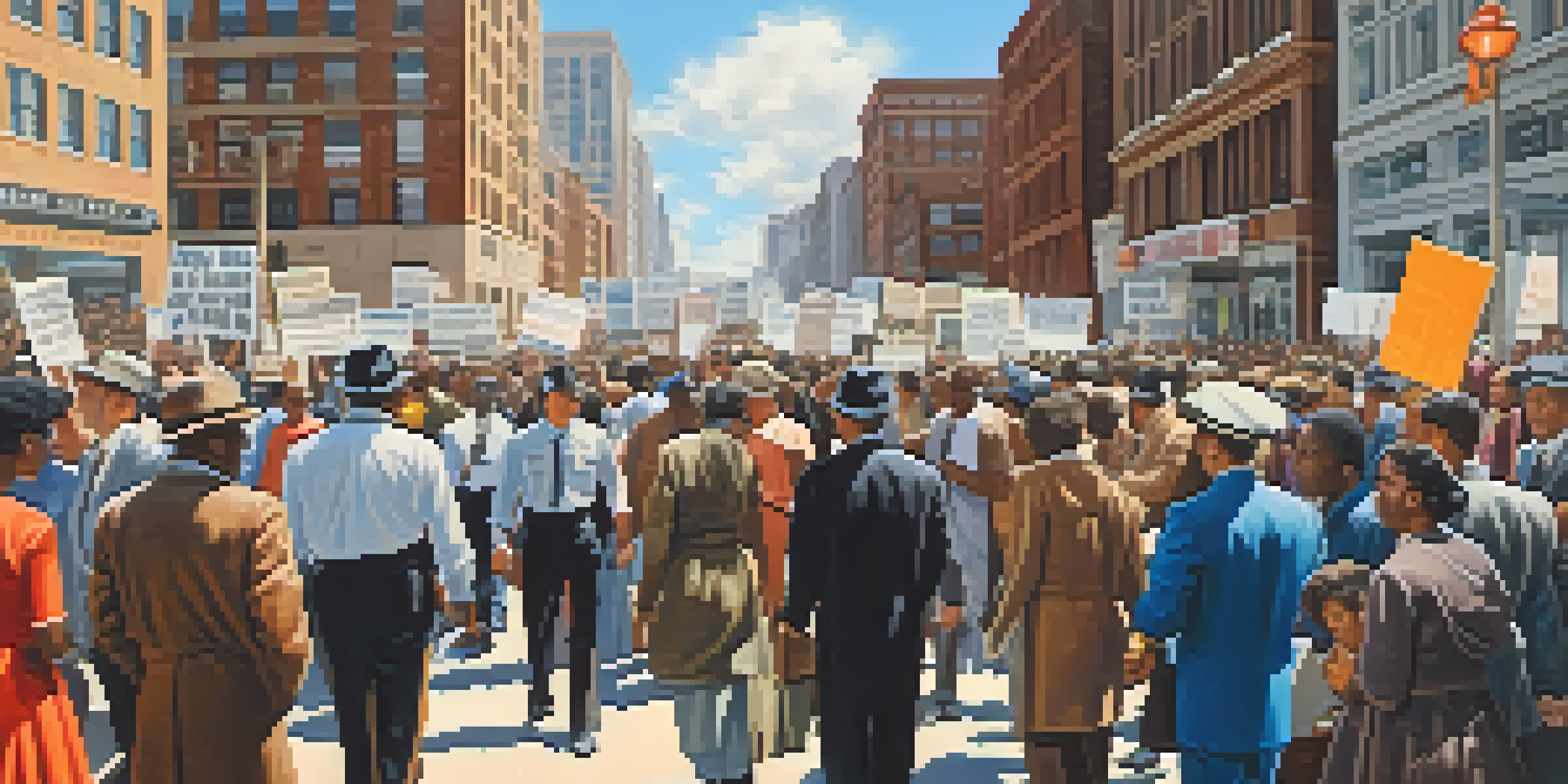 A historic civil rights march in Chicago with diverse protesters holding signs for racial equality and fair housing, set against iconic buildings and a bright sky.
