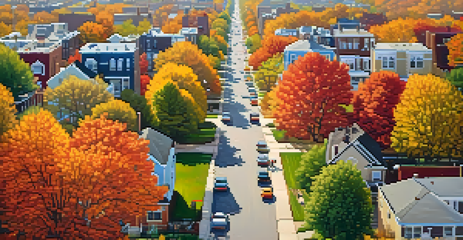 Aerial view of a vibrant Chicago neighborhood featuring colorful houses, a park with children playing, and busy local businesses.