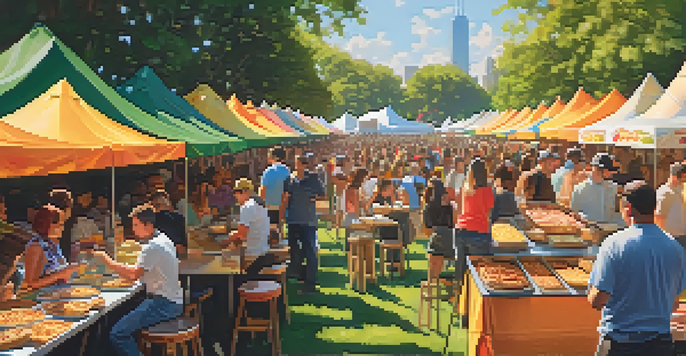 A lively food festival in Grant Park, Chicago, with various food stalls and people enjoying a range of dishes under a sunny sky.