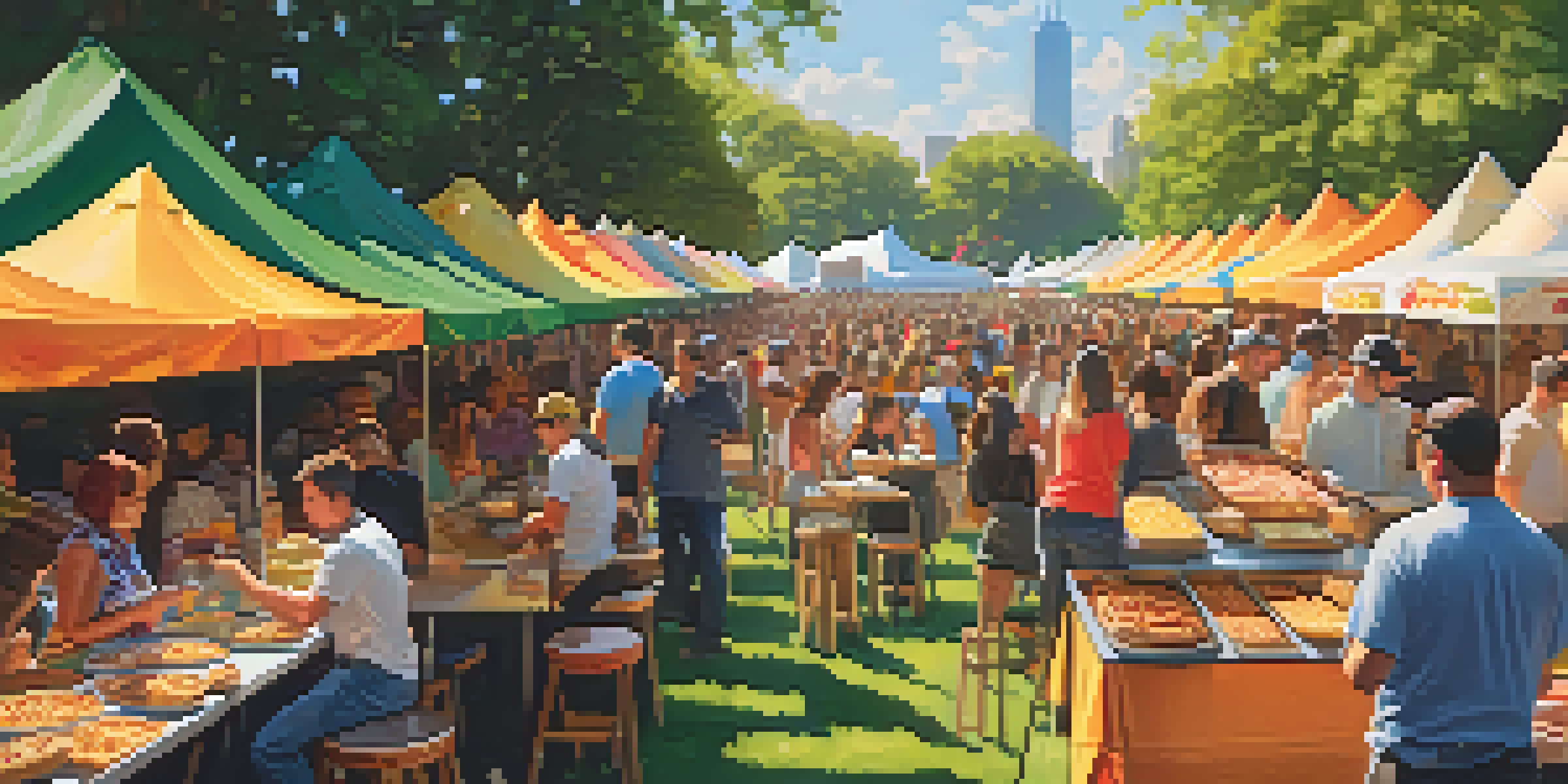 A lively food festival in Grant Park, Chicago, with various food stalls and people enjoying a range of dishes under a sunny sky.