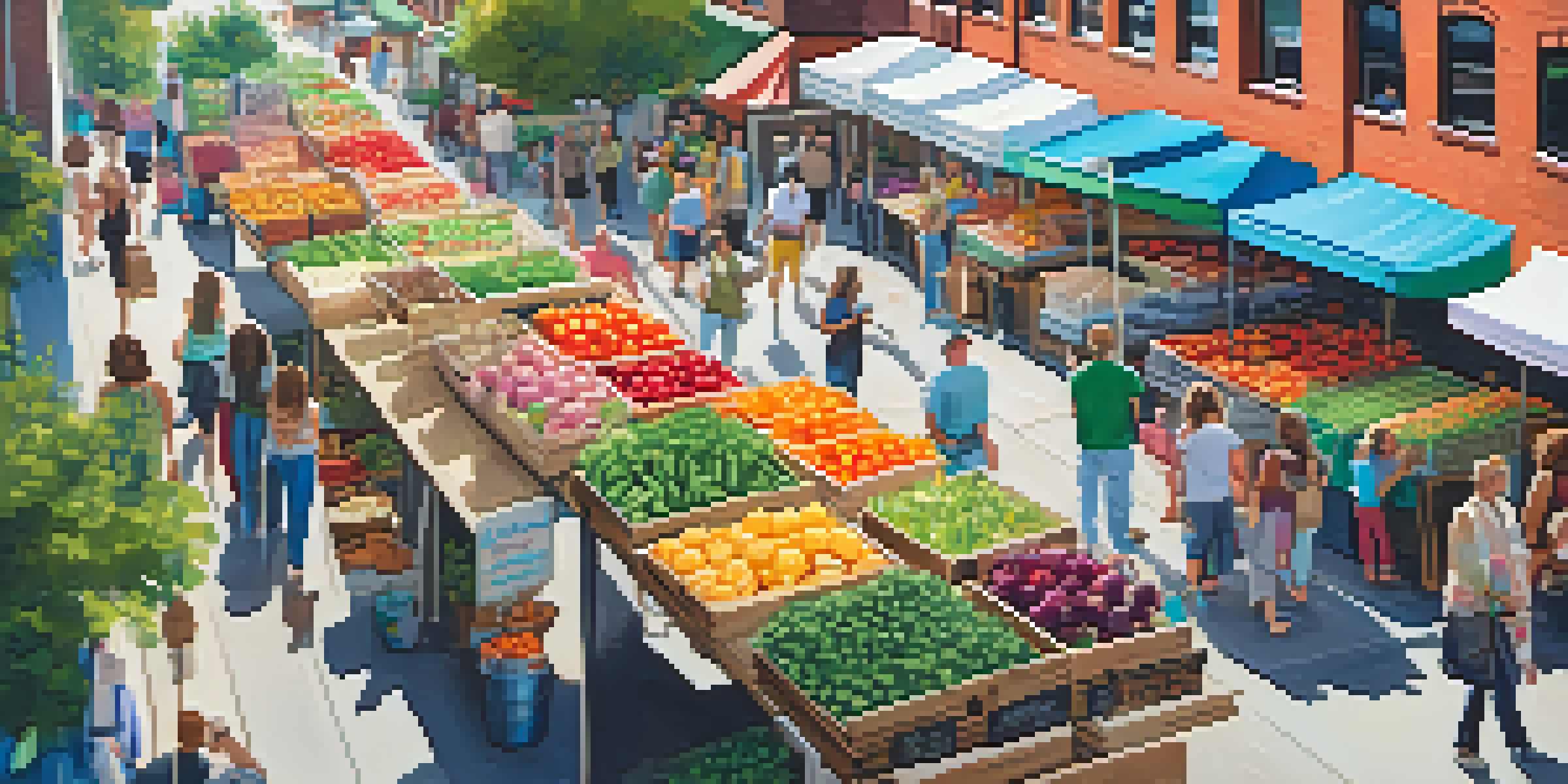 A lively farmers' market in a Chicago neighborhood with fresh produce and local vendors.
