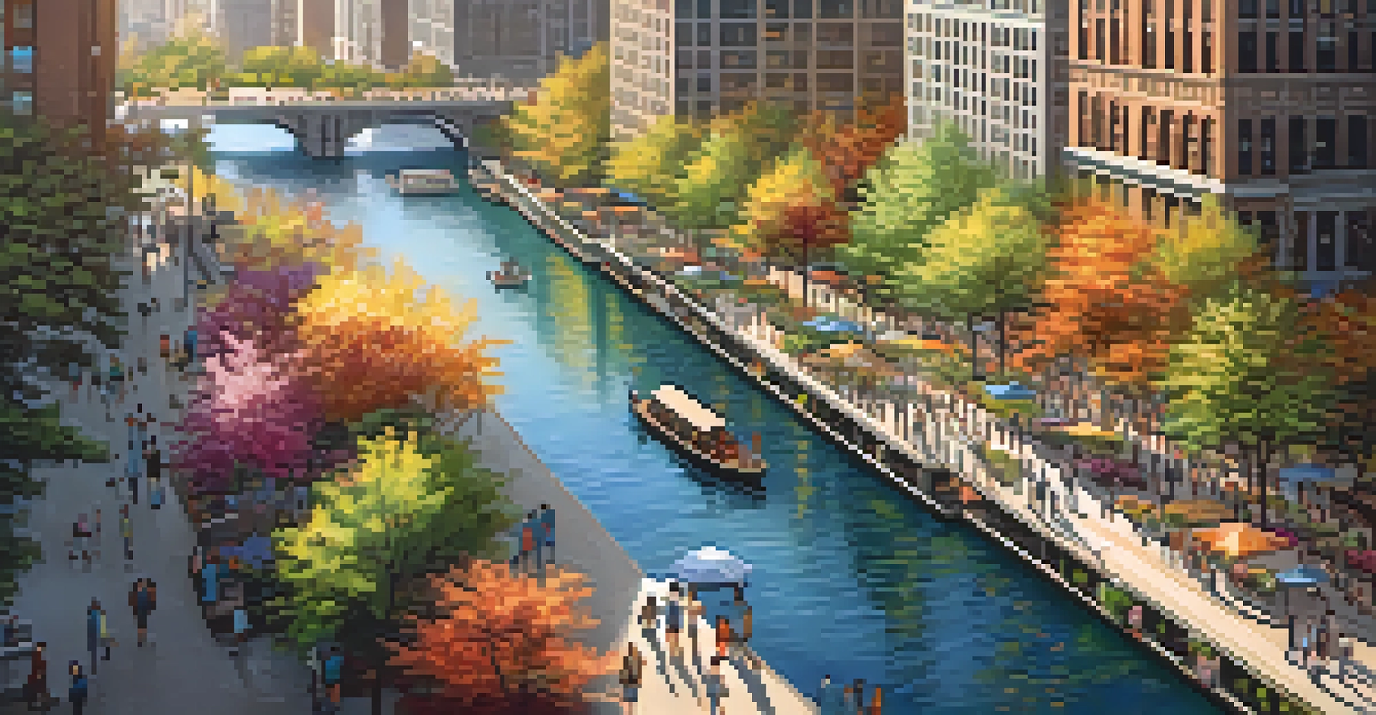 Aerial view of the Chicago Riverwalk filled with people and natural elements, showing vibrant flowers and the river.