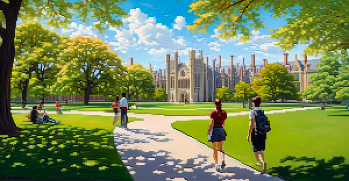 A wide view of the University of Chicago campus in Hyde Park, featuring Gothic buildings and students on green lawns under a sunny sky.